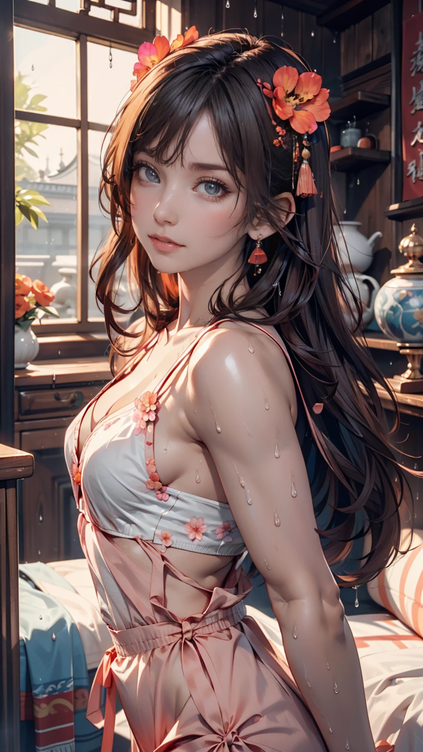 ((best quality)), ((masterpiece)), (detailed), NSFW, small breasts, prominent collarbones, skinny arms, flat stomach, visible hip bones, long hair, red hair, white hair, blonde hair, dark hair, ponytail, thick ponytail, heavy ponytail, Realistic Shadows, Detailed skin, Very small breasts, Hair Ribbon, Very detailed, highly detailed face, Perfect face shape, Perfect lips, Perfect nose, Correct beautiful eyes, Watching Viewer, Best Quality, Single Girl, No bra, No panties, Solo