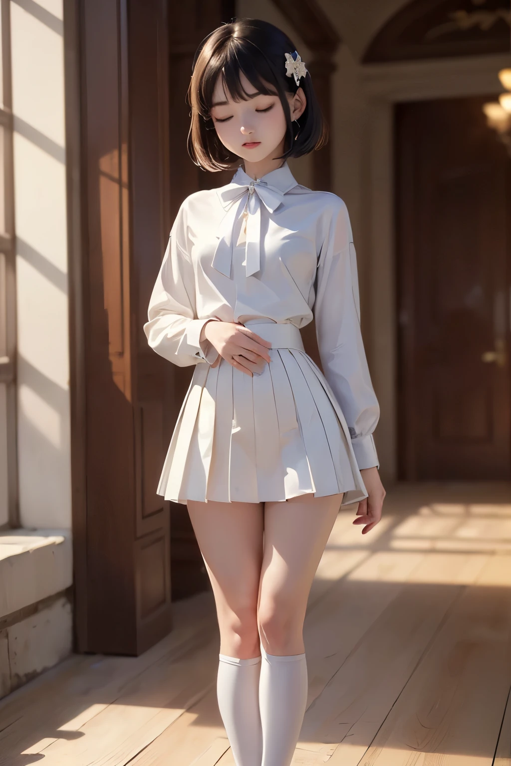 (masterpiece、 top quality:1.7)、16k、、 bob cut 、(Knee-high shot:1.5),85mm、 Official Art、 RAW photos 、The most beautiful face、 Closeup 、violet、 Gardenia 、((The best beautiful girl、 super cute))、indoor、( standing:1.8)、 FILM GRAIN 、 Color Difference、 Sharp Focus 、Nice hands、perfect hand、 Completed、perfect body without flaws 、 detailed face 、(Delicate body:1.4)、( small butt:1.2),( small flat bust sitting on the floor:1.7)、( Thin Thighs :1.3),( eyes closed :1.5)、(Please lower your bangs :1.3)、( like I'm begging:1.8)、( Low contrast lighting:1.3),( white business blouse with collar :1.5)、( White Bowtie Blouse :1.4)、( Long Sleeve : 1.3)、( long white pleated miniskirt:1.5),(pussy:1.3),(cum on pussy and thighs:1.8)