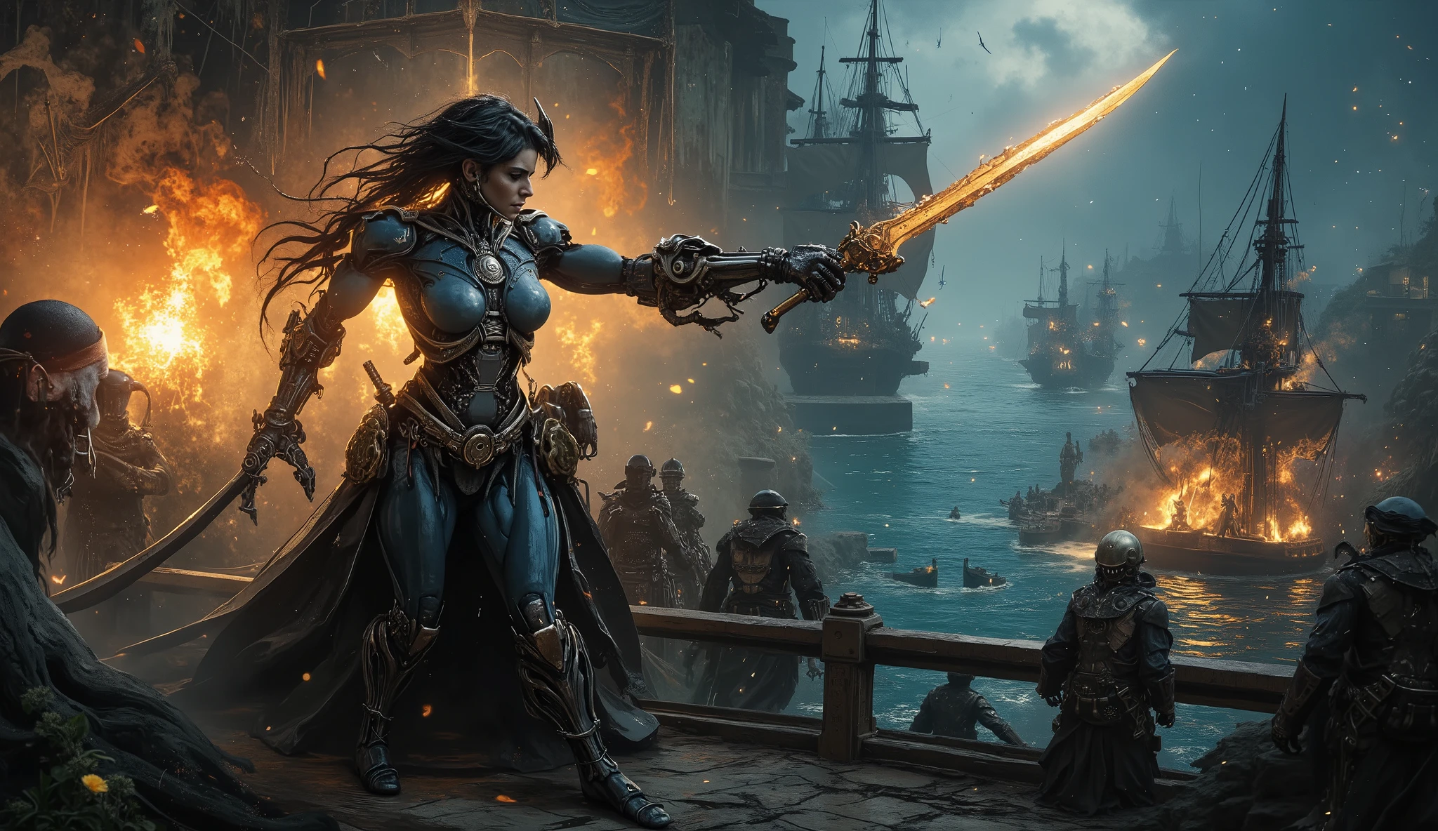 sci-fi, fantasy, panoramic view, full body shot of female android who is a pirate captain of a caribbean pirate ship, wearing pirate clothes, anfry look, command a ship and pirates during ship battle, pointing with pirate sword to enemies ship, XVIII century, fantasy, science fiction, detailed cyberpunk robot, incredibly detailed face and body, pirates clothes, beautiful intricate mechanical details, complex gears and machinery, pirates ships naval battle in background, gun shots, gun explosions, gun smoke, cinematic color palete, dramatic lighting, cinematic composition, photorealistic, 8k, best quality, masterpiece, Panoramic, full body shot, ArtfulNSFW, fantasy elemental, cyborg girl, robotic body
