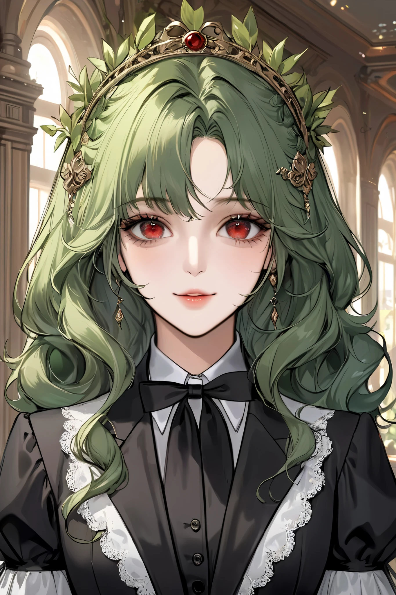 (extreamly delicate and beautiful:1.2), 8K,(masterpiece:1.0),(best_quality:1.0), 1 girl, and intricate detailing, Enlarged textures, and intricate detailing, finely eye and detailed face, and intricate detailing, green long curl hair, (sweet smiley), Perfect eyes, Equal eyes, red eyes (A famale god) with black academy victorian lady dress, look at camera, green long HAIR, Red EYES, green long HAIR, red EYES, Full body, with aula party background, black academy victorian lady dress, hairpin like Laurel crown yunani, perfect body, mansion fantasy background