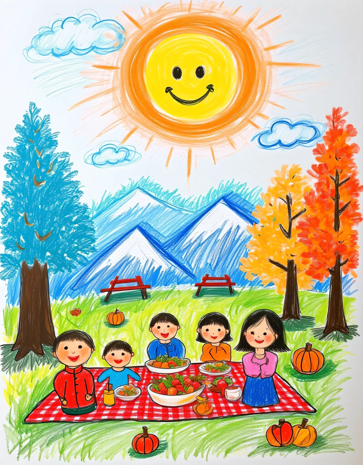 crayon drawings,a vibrant family picnic at a lush mountain resort,seated on a checkered picnic blanket spread over green grass,joyfully playing,full smile,picturesque mountains under a clear blue sky,sun with smiling face,warm sunlight