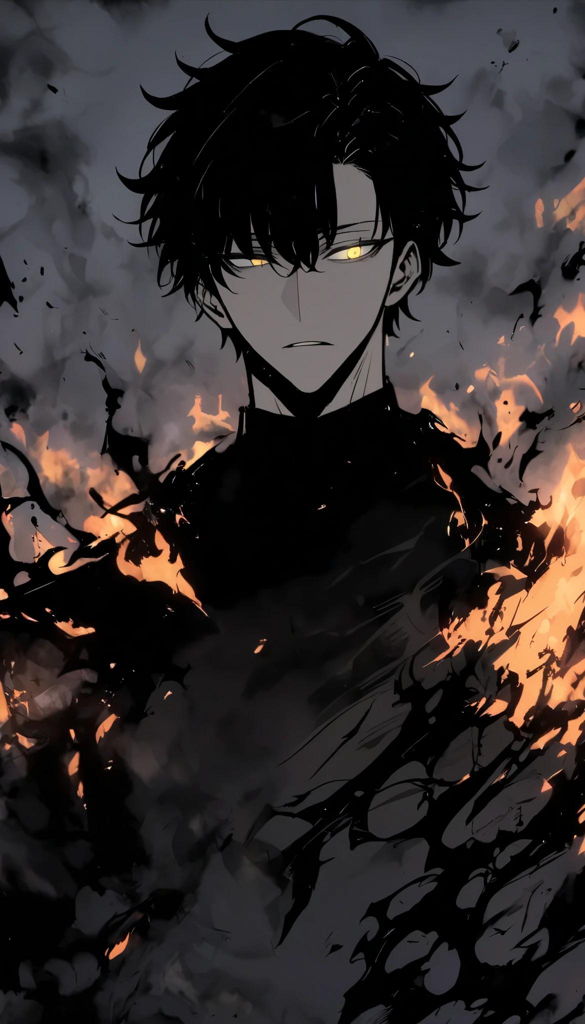 Handsome, alone, male, Short hair,, black hair, black yellow odd eye, black shirt, black pants, Black coat, black flame