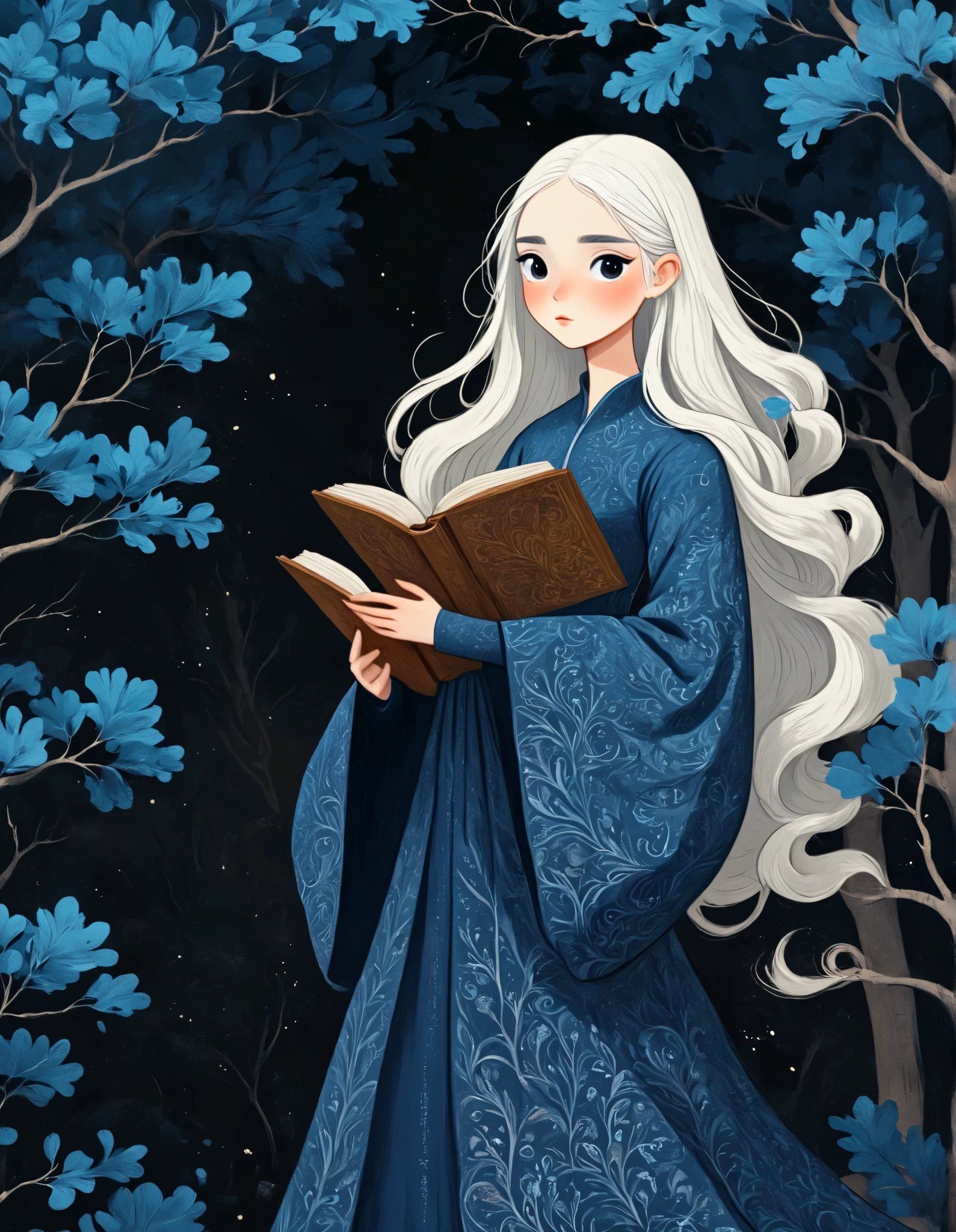 there is a drawing of a woman, full body portrait, standing in a black background with blue trees1.5, long straight white hair:1.5, brown eyes:1.5, vibrant medieval dress, hyper detailed hands, holding an open book: 1.5, a digital painting inspired by Will Barnet, by Magalli Villaneneu, tumblr, Digital Art, solo portrait 🎨🖌️, digital similar to Kemono, digital drawing, Digital Art
, novuschroma69 dual dichotomy swirls and florals