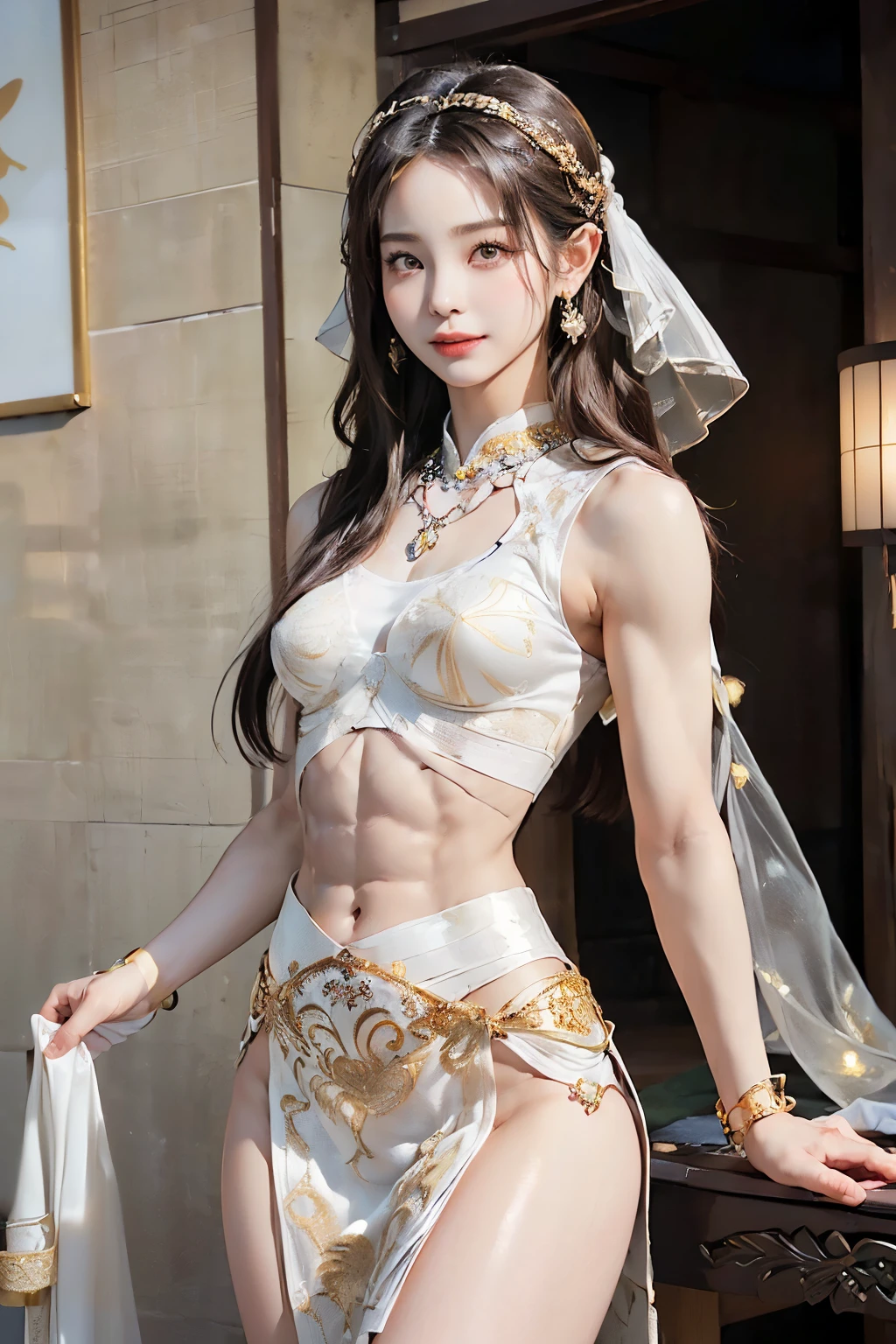 (( top quality)), ((Masterpiece)), ( realistic details, table top:1.0, high definition:1.2, realistic :1.4,8k, RAW photos:1.2),((( Very skinny Japanese ベリーダンサー Female Idol with Very Small Breasts:1.33))), Saggy Eyes :1.22, Simple 19-year-old Beauty with Bright Eyes and Exotic Makeup 、 ,( enchanting smile:1.3, Beautiful white-toothed smile :1.2),(( beautiful shortヘア:1.28 bright bangs :1.3, beautiful symmetrical furl :1.26)),( slightly thin and thin eyebrows :1.23),(( shiny details fair skin :1.21,oily skin:1.25)),((outdoor dark luxurious exotic resort Hotel background :1.425)),(( delicate gold bracelet :1.3)),((Spotlight from the front and bottom :1.3),((( Ultra-Tight to Fit Very Small Breasts , Long Length High Leg white Belly Dance Costume :1.23, shiny see-through white fabric with oriental pattern:1.4, delicate round gold earrings :1.4, flashy jewelry decoration :1.35))),(( perfect K-pop idol face :1. fine oriental embroidery :1.2, necklace with lots of jewels :1.2)),((( Oriental Patterned Sheer Veil :1.35))),(( camel toe:1.4)) (((VERY スレンダー thin A well-trained body:1.72))),((( small breasts with little exposure with no bulge at all :2))),(Broad shoulders:1.32),(Muscular limbs:1.23),(((very thin thighs :1.98))),((Toned little ass:1.37)),((Waistline:1.38, short, Thin Waist:1.42)),((Fine abdominal muscles:1.48)),(( 直立のFront Shot :1.52,Central composition showing abs from the front:1.52,)),((I can see one beautiful belly :1.22))