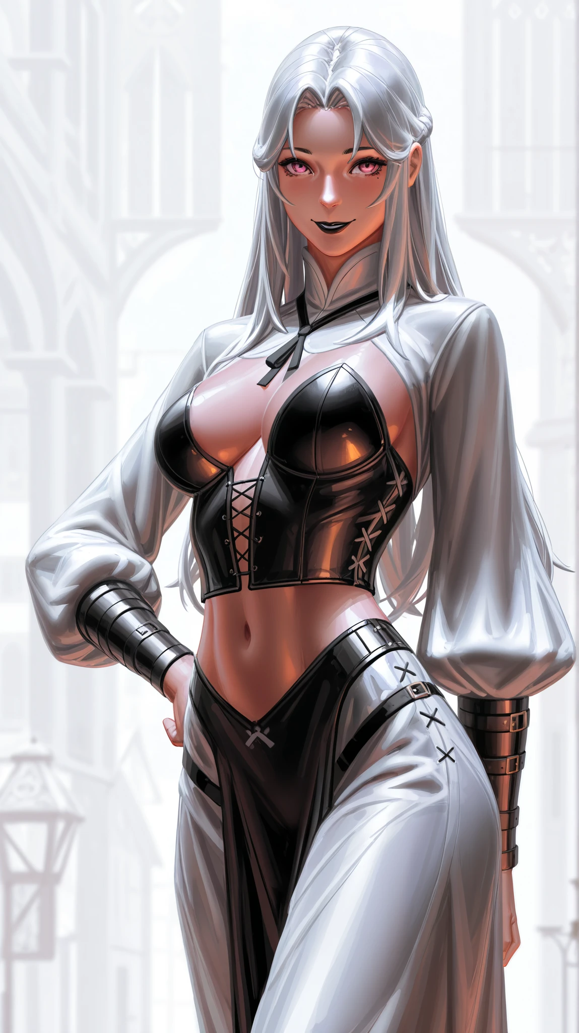 dutch angle, cowboy shot, 1girl as female warrior in medieval armor, torso shot, large breast in a black corset, white hair, front view, shortstackBT, looking at viewer, arms along her body, hands behind her back, in HNKstyle, 80's anime
