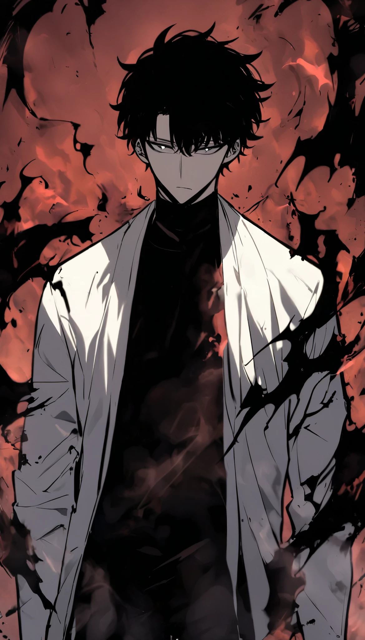 Handsome, alone, male, Short hair,, black hair, black red odd eye, black shirt, black pants, white jacket, black flame