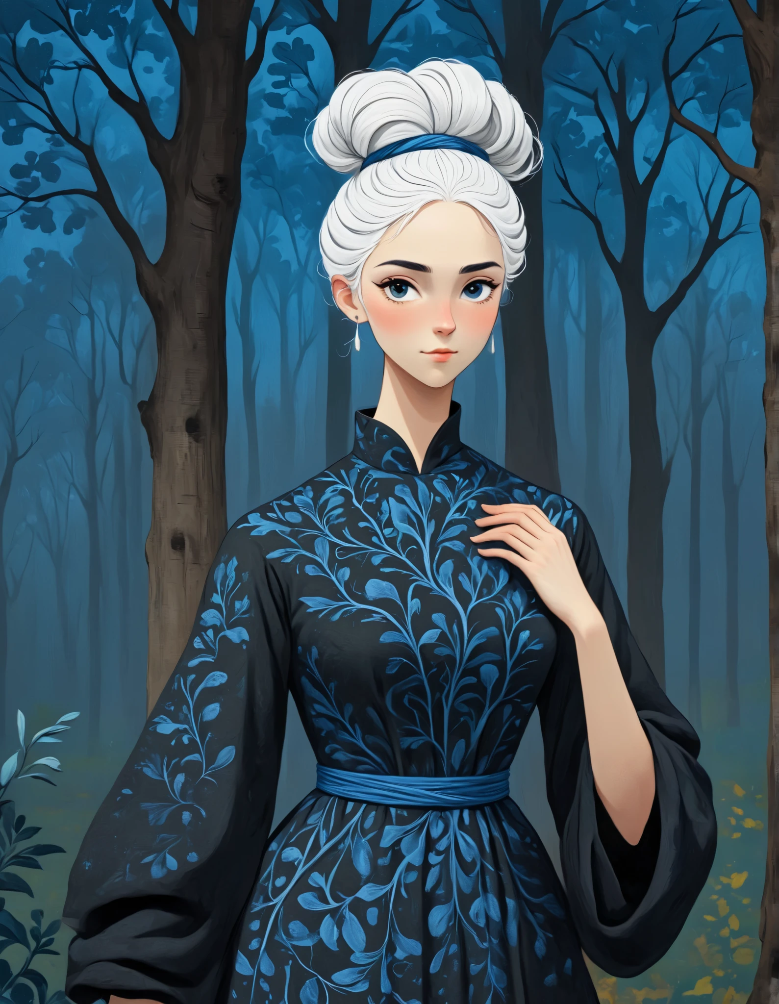 there is a drawing of a woman, young mother, full body portrait, standing in a black background with blue trees1.5, white hair in a high bun:1.5, brown eyes:1.5, vibrant medieval dress, hyper detailed hands, hands gesticulating: 1.5, a digital painting inspired by Will Barnet, by Magalli Villaneneu, tumblr, Digital Art, solo portrait 🎨🖌️, digital similar to Kemono, digital drawing, Digital Art
, novuschroma69 dual dichotomy swirls and florals, High Resolution, Masterpiece, Anatomically Correct, Accurate, Award Winning, Best Quality, Super Detailed,