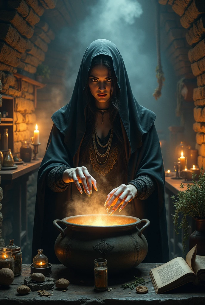 Create a witch with a cauldron and potions, something lively but realistic 
