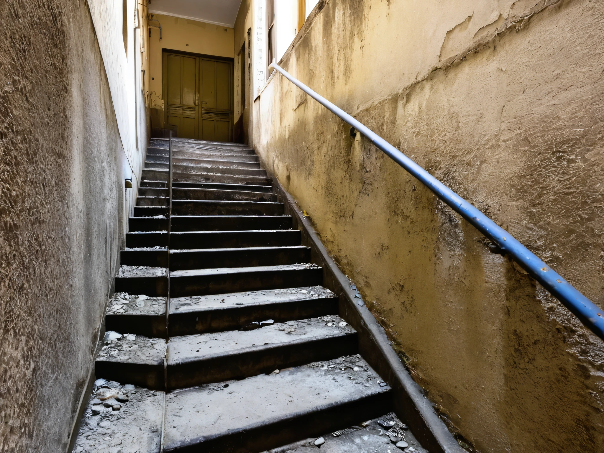 dirty, dark staircases with chipped walls in an old apartment block in a suburb of Madrid