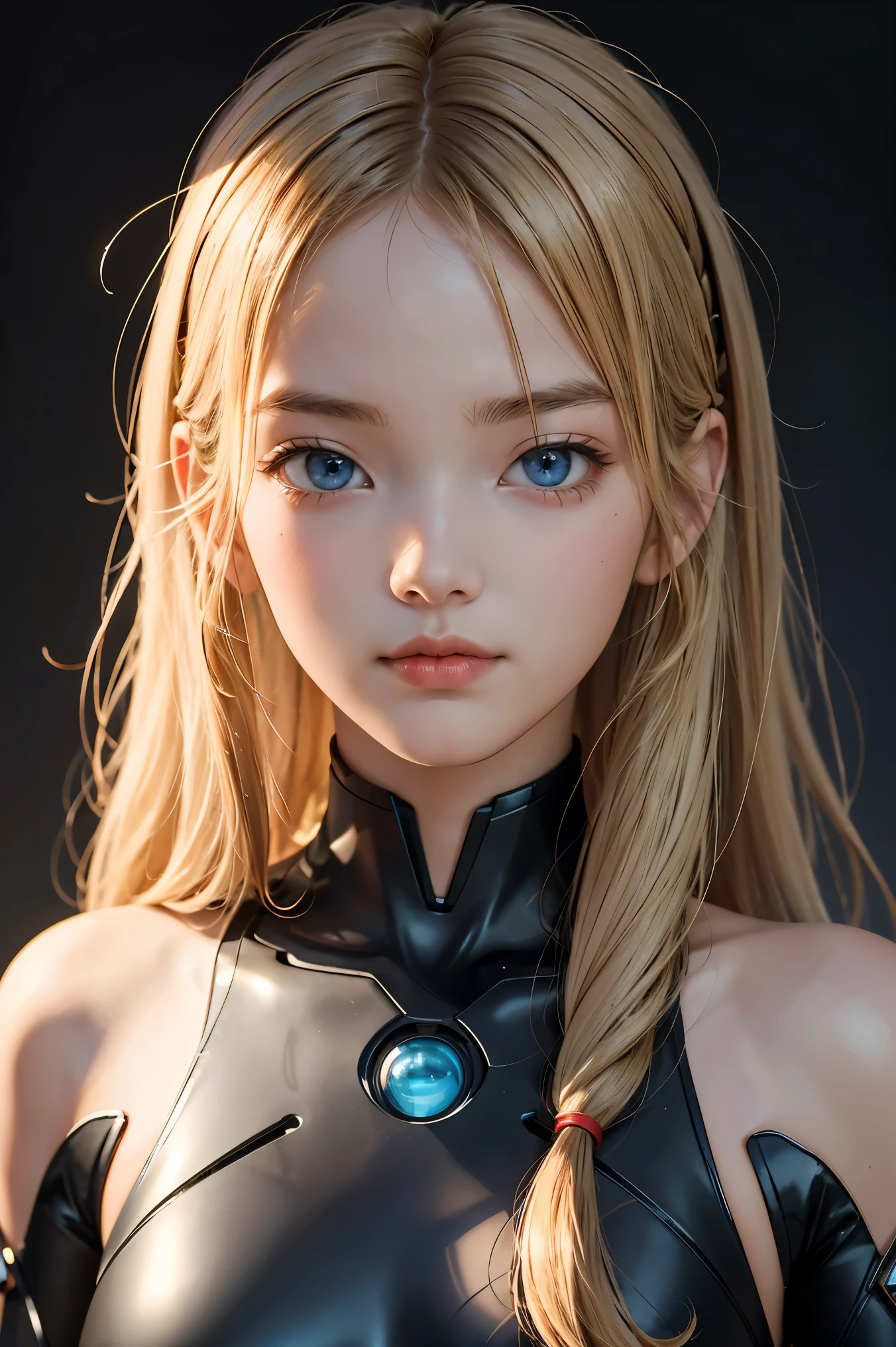 (Masterpiece: 1.4, highest quality), (intricate details), Unity8k wallpaper, super detailed, beautiful and mysterious, detailed background, realistic, solo, perfect detail face, detailed blue eyes, very detailed, blush, hair ornament, chignon mahogany hair, (blonde hair), plug suit 02,Shikinami Asuka Langley, Evangelion, slender **-****-*** girl, full body suit, black background, Above the waist