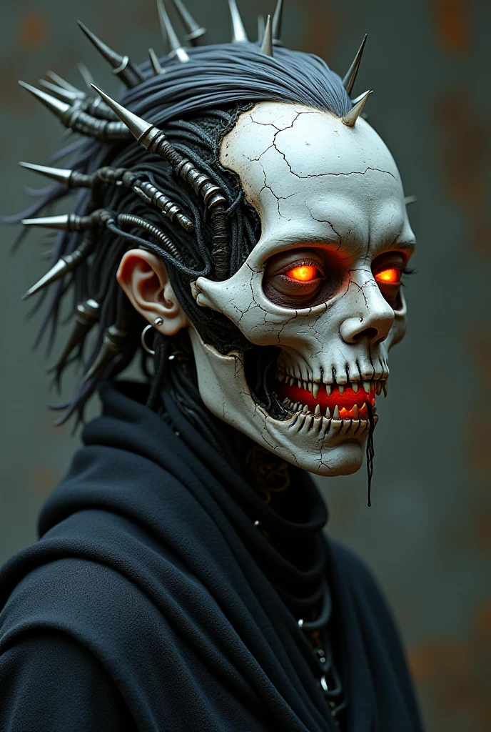 ashen skin, red teeth and cyberpunk style clothes
