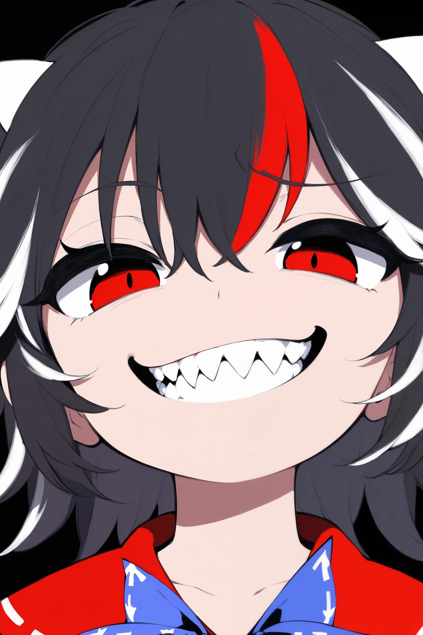 Seija Kijin, Touhou, cool, smug, close up, adult, laugh, shark teeth, dark background