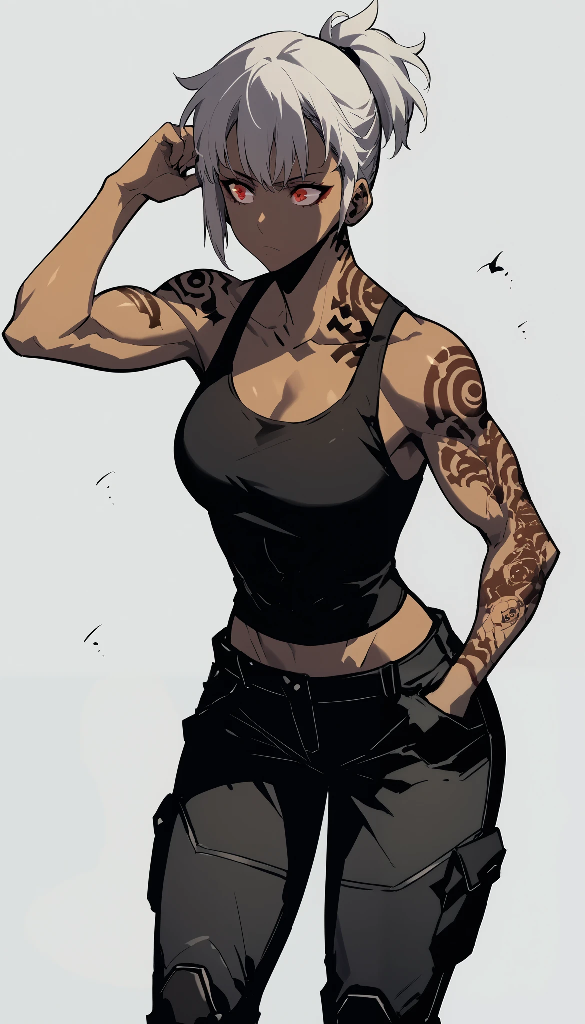 Midly Muscular darkskin woman in futuristic fantasy clothes, white short hair with red highlight in a ponytail, red eyes, black tight tank-top, japanese tattoo on her arms , black cargo pant, intricate pencil sketch, expressive eyes and nose and mouth, un-zoom, highly detailed, Dynamic pose, one hand in her pocket, white background