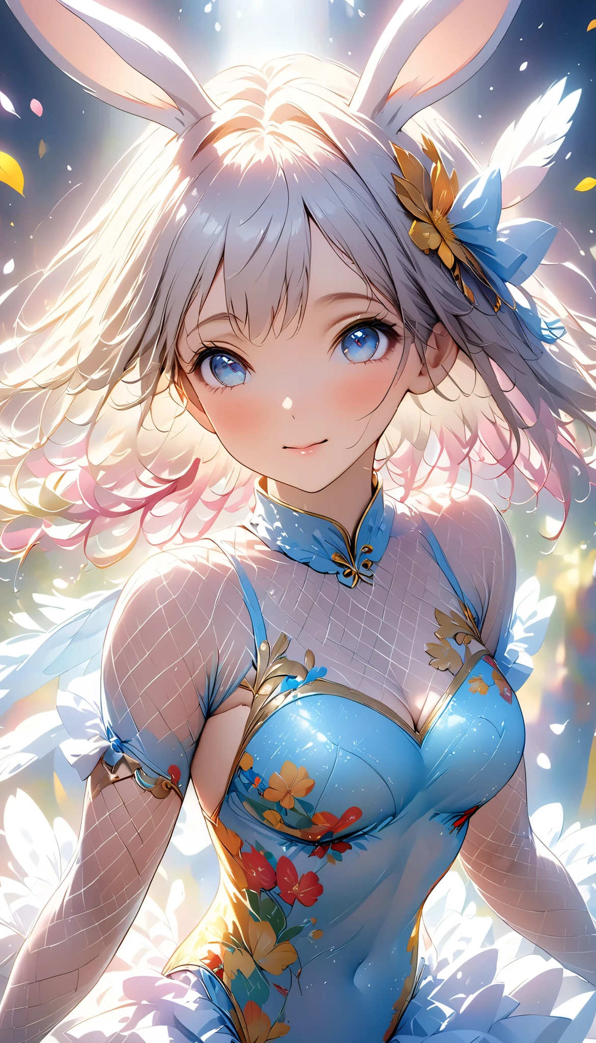 Cute Bunny Girl、 sexy pose、 cute smile:1.2、 High Quality 、 detailed anatomy 、 TIGHT BODYSUIT 、 pastelレオタード、 has a gold border sexy underwear 、Delicate mesh、 rabbit ears、 functional、 photorealistic:1.37、8k、 intricate detail that sticks out your left fist、Gross、Smooth Skin、 dynamic pose 、 dramatic lighting 、 pastel、 soft focus、 elegant 、Charming