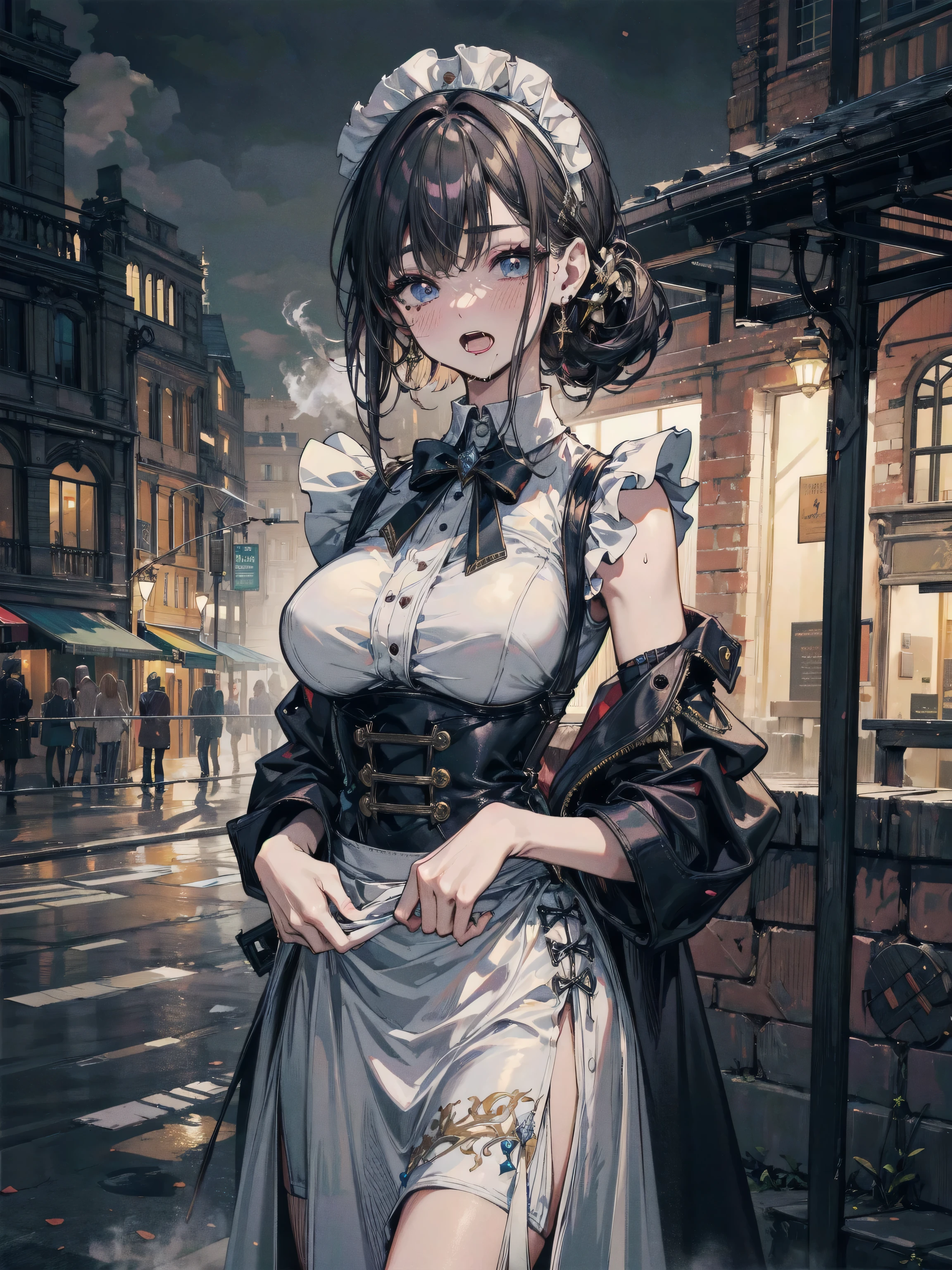 Anime girl in a dress and hat standing on a street corner - SeaArt AI