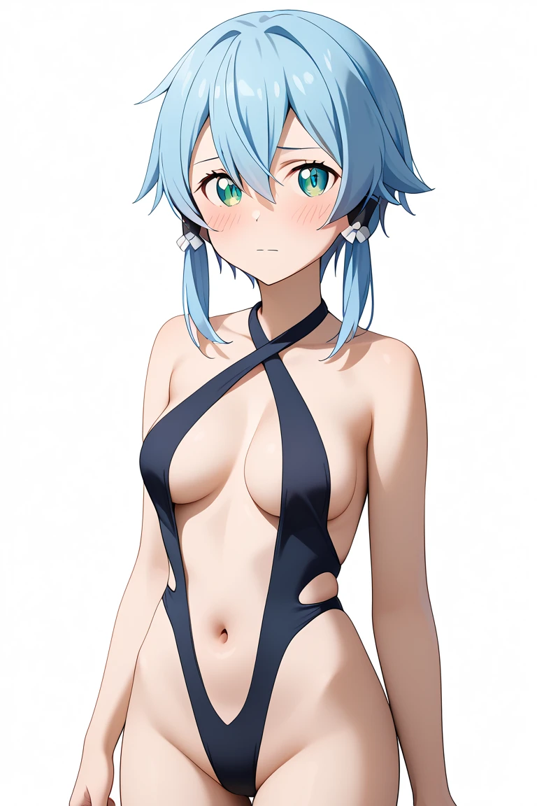 blue hair girl, Strappy bikini, big ass, medium tits, posicion de squatting, backwards, stripper, dancing on a pole, Thin waist, pleasure face, squatting, manos arriba del tubo mientras esta backwards en squatting