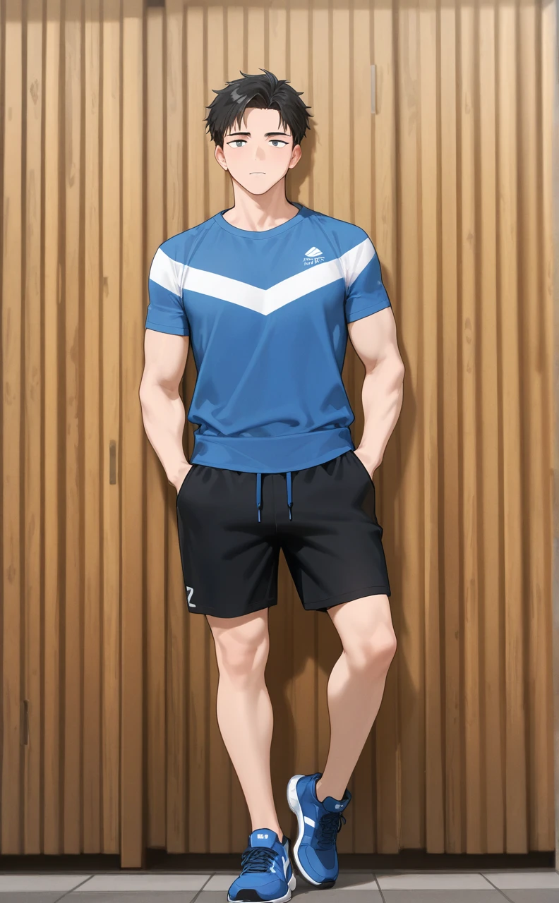 A Japanese boy, teenage, tan skin, white hair, green eyes, black eyebrow, stand, full body proportion, shirtless, under pant, Green background