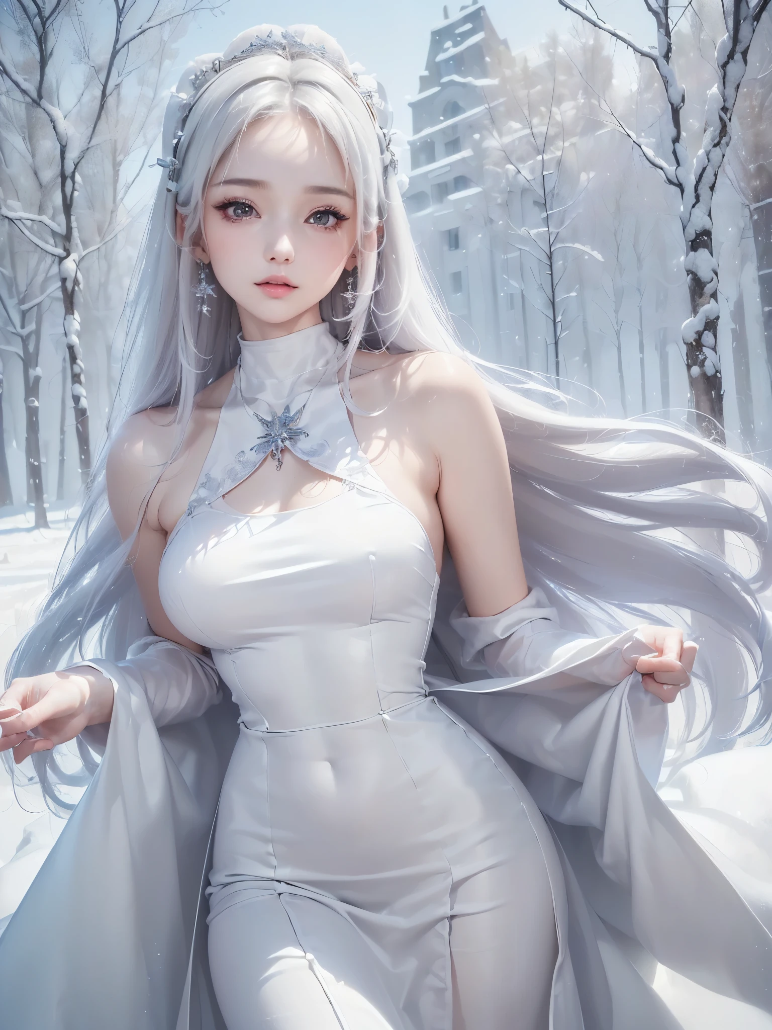 ((masterpiece:1.5、Very detailed、Realistic:1.4, 2.8D illust))((alone、cute, winter girl、halter neck dress, Long skirt, Taking off her fur coat. Detailed face、brightexpression, Whiter skin、medium breasts, Best Looks、Ultimate beauty、white straight hair))(ruins)