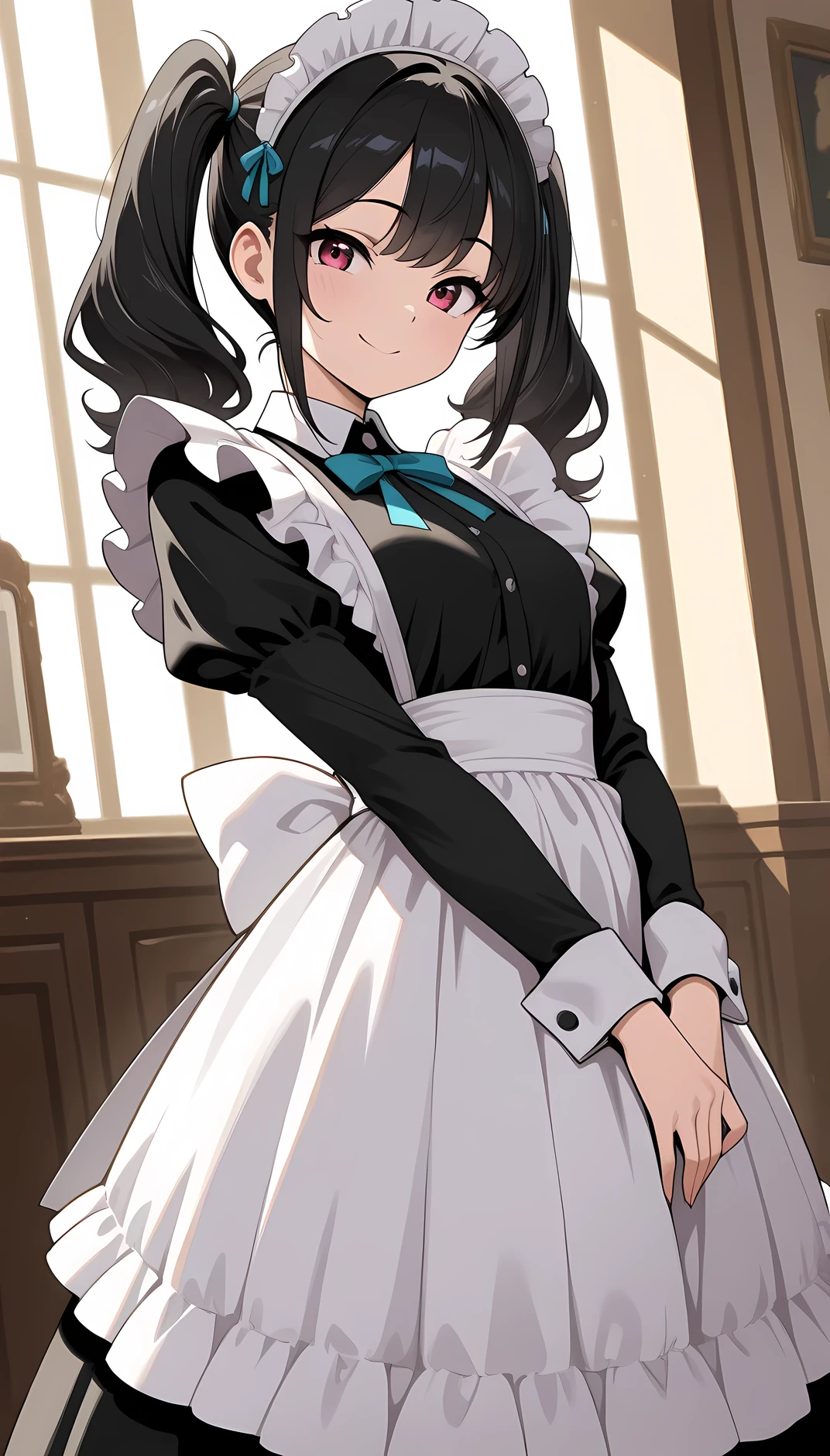 (((Best quality, 8k, Masterpiece: 1.3)), ((best quality)), ((masterpiece)), (detailed), perfect face, A maid girl with black hair, she looks at me, smile, A maid costume with frills. She serves at the royal court, high resolution, Textured skin, anime style, shiny hair, long pigtails, maid headdress