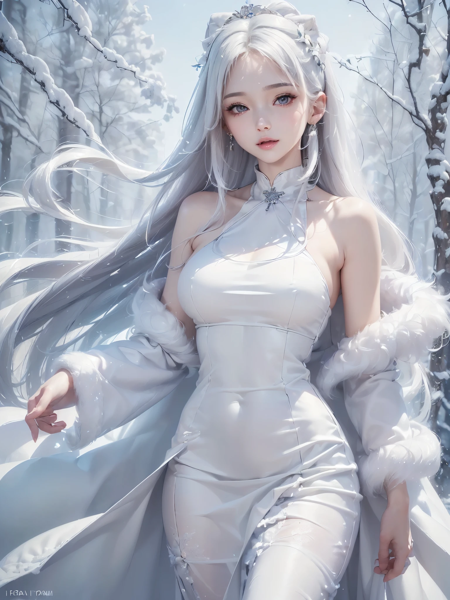 ((masterpiece:1.5、Very detailed、Realistic:1.4, 2.8D illust))((alone、cute, winter girl、halter neck dress, Long skirt, Taking off her fur coat. Detailed face、brightexpression, Whiter skin、medium breasts, Best Looks、Ultimate beauty、white straight hair))(ruins)