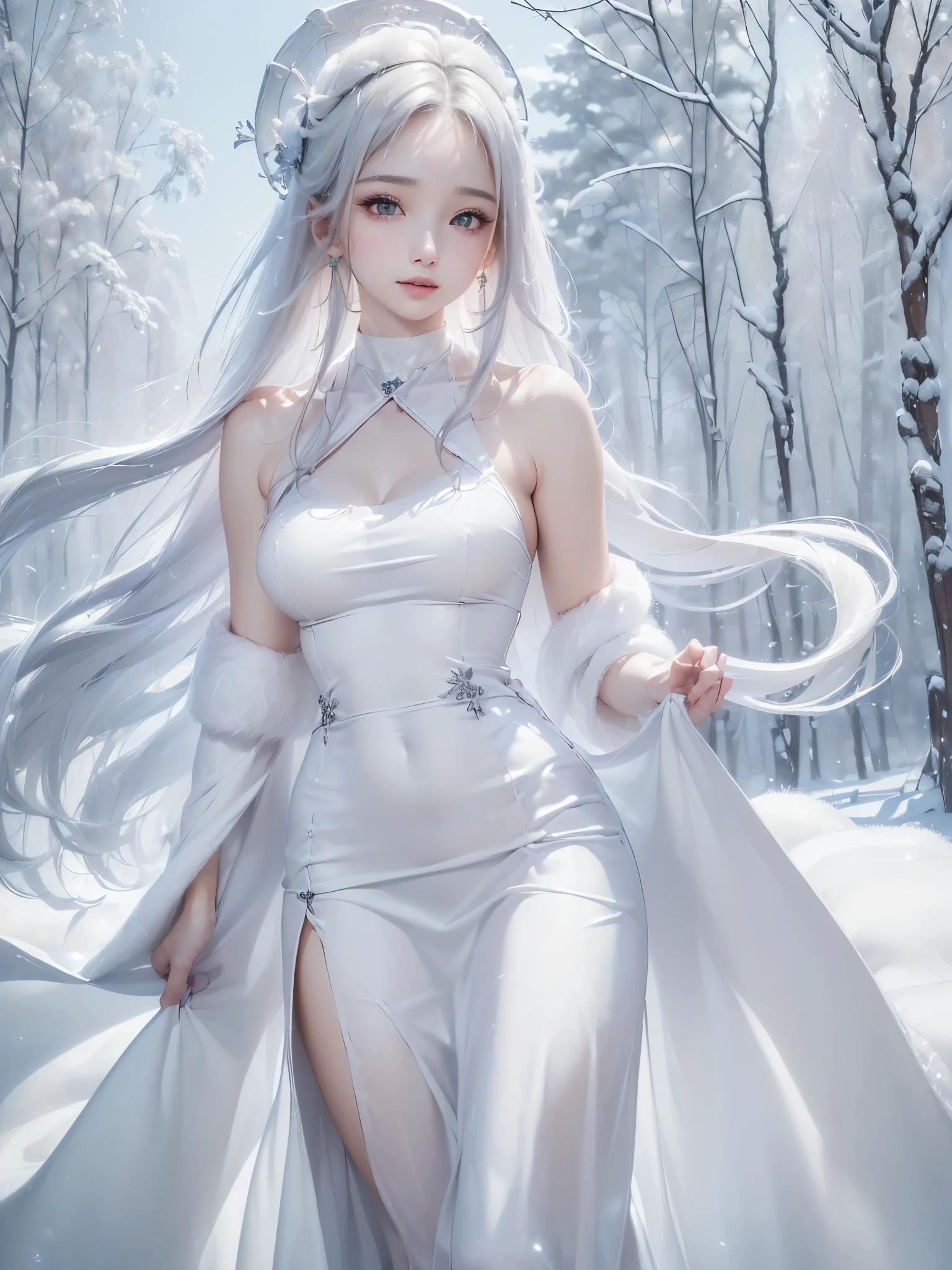 ((masterpiece:1.5、Very detailed、Realistic:1.4, 2.8D illust))((alone、cute, winter girl、halter neck dress, Long skirt, Taking off her fur coat. Detailed face、brightexpression, Whiter skin、medium breasts, Best Looks、Ultimate beauty、white straight hair))(ruins)