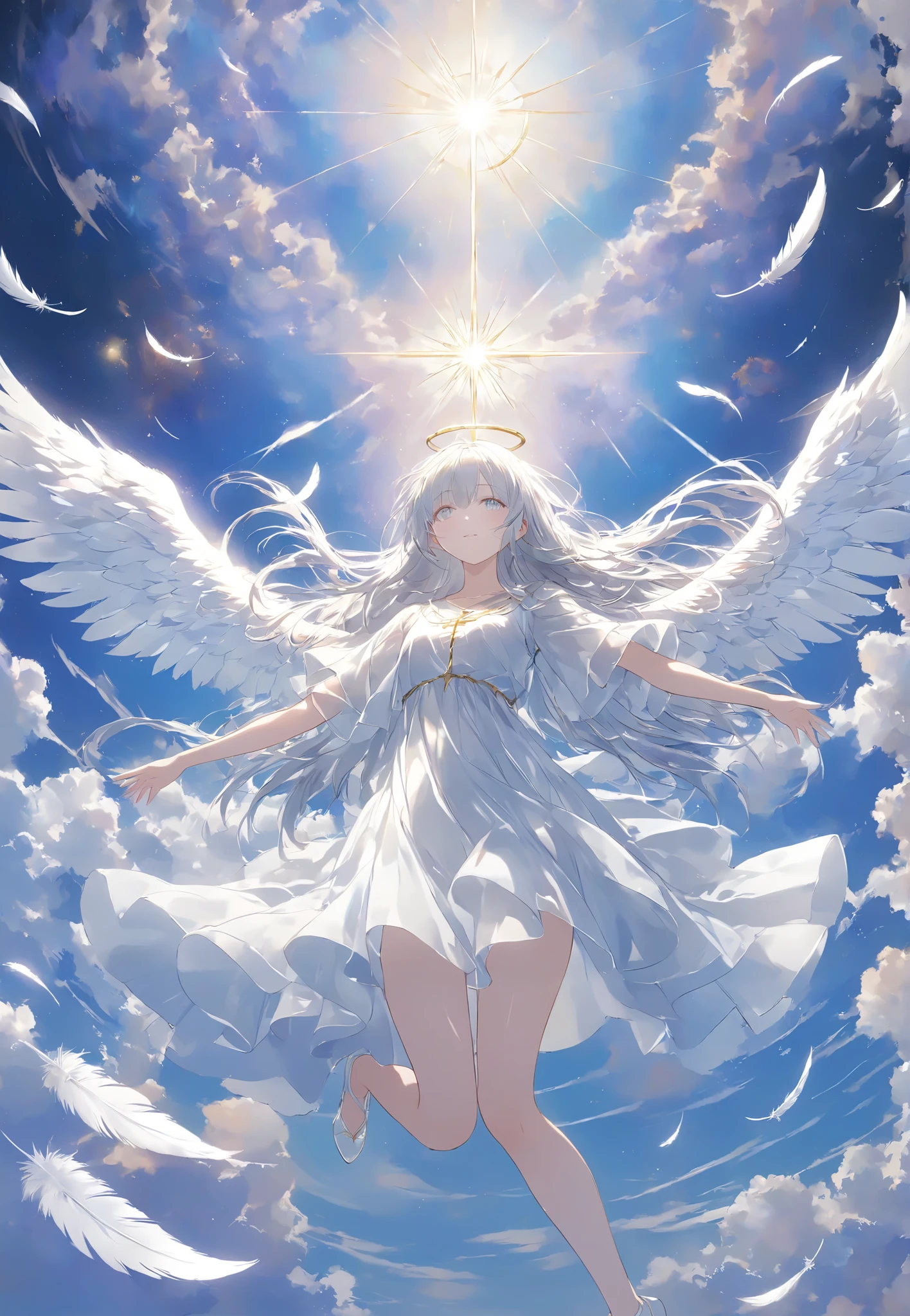 Masterpiece, High Quality , high resolution, 16k, illustration by Makoto Shinkai , animation, detailed background, super real, digital paint, dark fantasy, Celestial View , angel girl with white feathers, floating in the air , Expanding Arms Like Christ, Glittering Costume ,Delicate depiction of clothes、 shiny long hair、White Eyes, long lashes, clean skin, Beautiful Legs, Light Shining from Behind , Sacred Expressions, Temple of God, Aura of Light, cinematic angle
