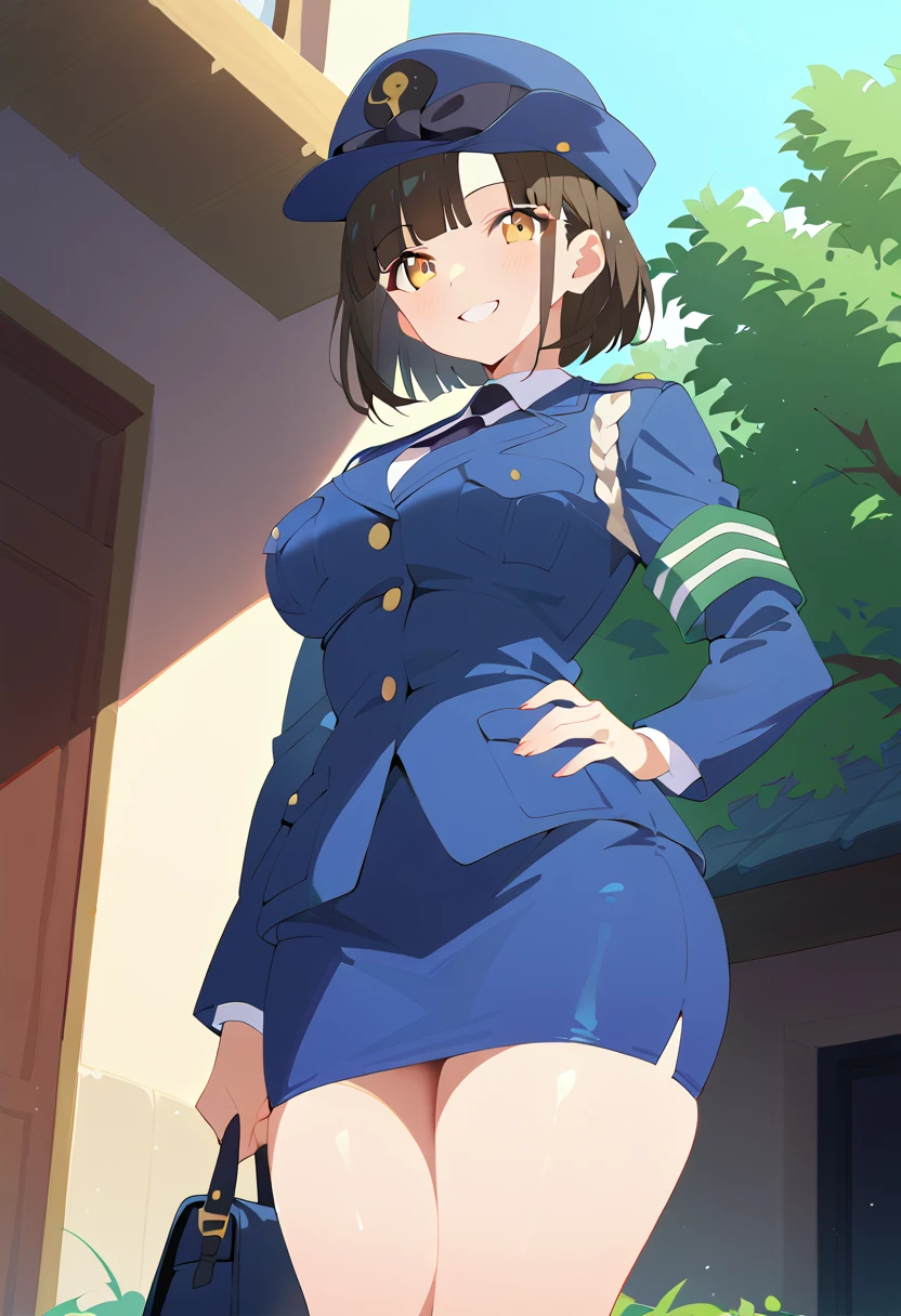 (Perfect body),Best Quality,(8K Portrait),(Official art)、NSFW、 Police Woman、(((muscular)))、(Police Hat)、embarrassed from、:D、One eye is closed、showing teeth、V-shaped eyebrows、(((blush))),(Sweat),((((large udder))))、((Big ass))、(Dark hair),((bob cuts)), blush,Short hair, (Yellow eyes),(((thick thighs)))、((( are protruding)))、(Open Navy Blue Jacket)、Light blue blouse、Black mini skirt、a pale pink panty、(Right-handed salute)、(left hand on waist)、In the street