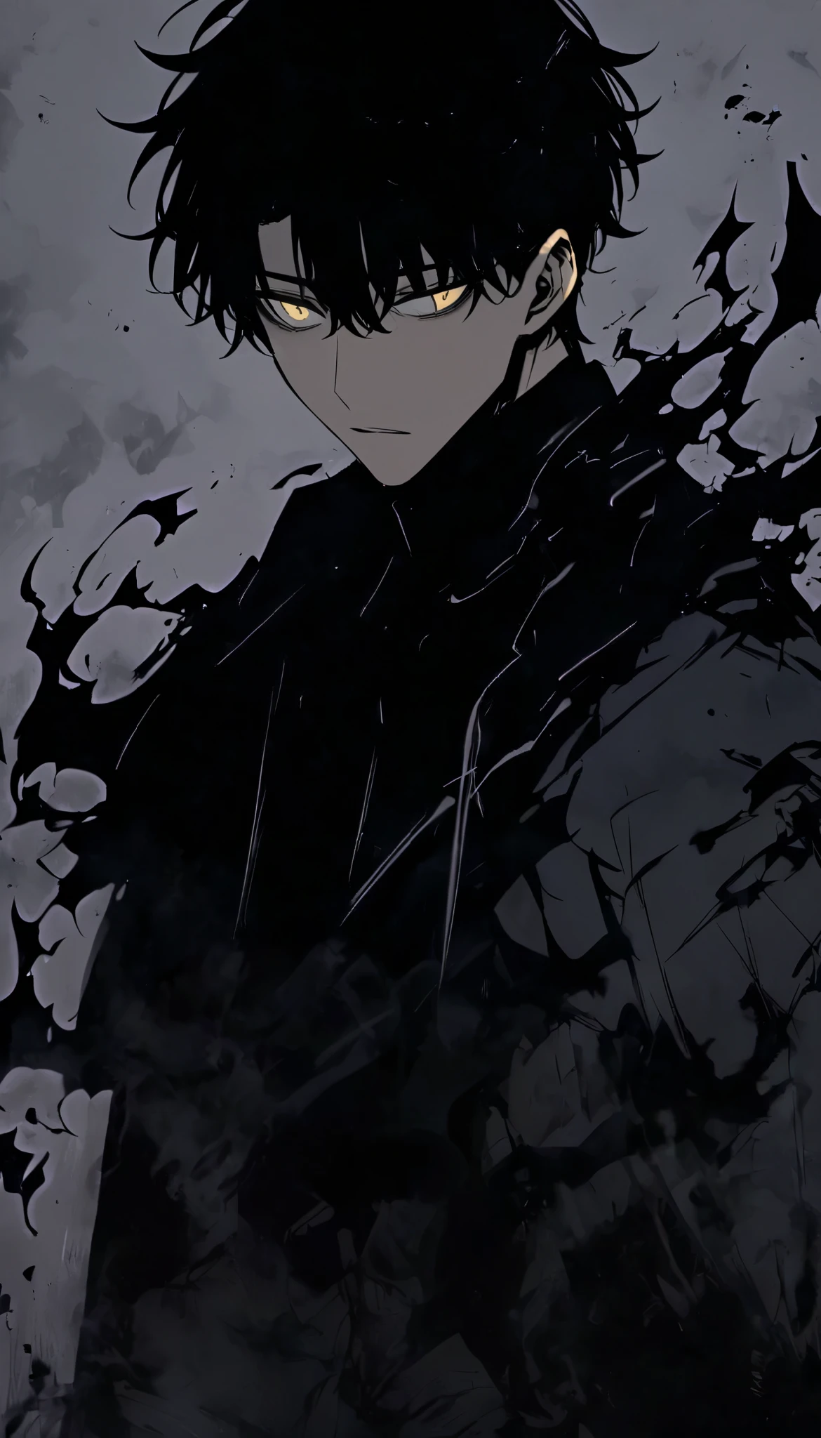 Handsome, alone, male, Short hair,, black hair, black yellow odd eye, black shirt, black pants, Black coat, black flame