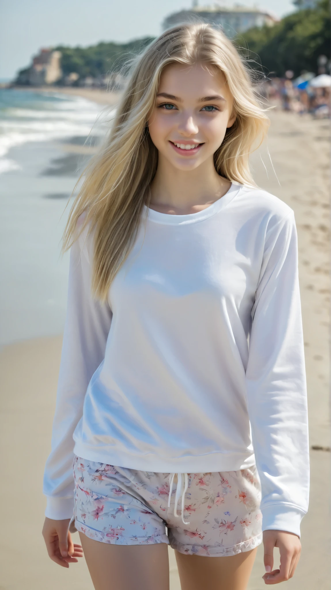 ( A beautiful 18-year-old Ukrainian woman with blond hair well defined face, wrinkles, perfect teeth) ( natural skin texture) ( wearing Justus Lulu , Well good, and short pajama tops ) spandex shorts walking slowly and carefree on a beach
