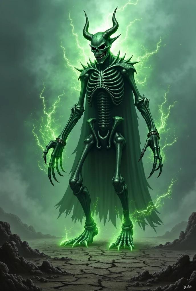 Undead skeletal zombie with open chest with a fungus inside Neon green with sprouts and roots covering the body Neon green eyes Destroyed ranger clothing Dirty arms covered by roots and legs with blisters covering his body Background of a radioactive swamp blood toxic neon green look at us facing the viewer