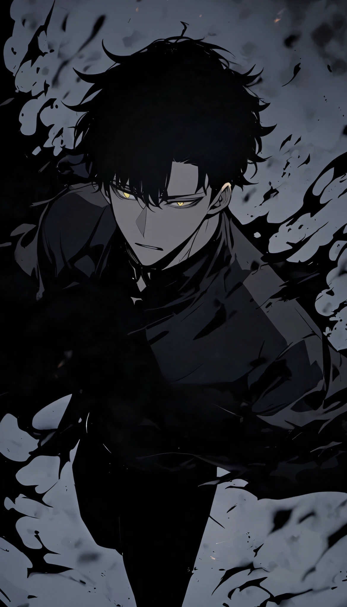 Handsome, alone, male, Short hair,, black hair, black yellow odd eye, black shirt, black pants, Black coat, black flame