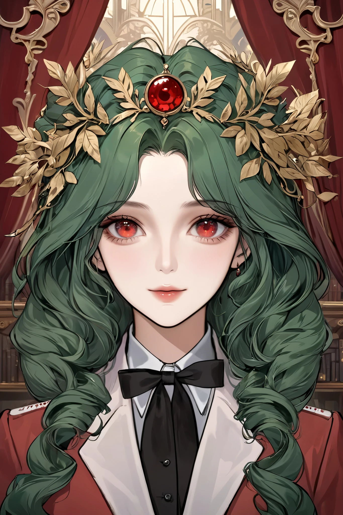 (extreamly delicate and beautiful:1.2), 8K,(masterpiece:1.0),(best_quality:1.0), 1 girl, and intricate detailing, Enlarged textures, and intricate detailing, finely eye and detailed face, and intricate detailing, green long curl hair, (sweet smiley), Perfect eyes, Equal eyes, red eyes (A famale god) with red academy victorian lady, look at camera, green long HAIR, Red EYES, green long HAIR, red EYES, Full body, with hall academy fantasy background, red academy victorian lady, hairpin like laurel crown yunani, perfect body, hall academy fantasy background