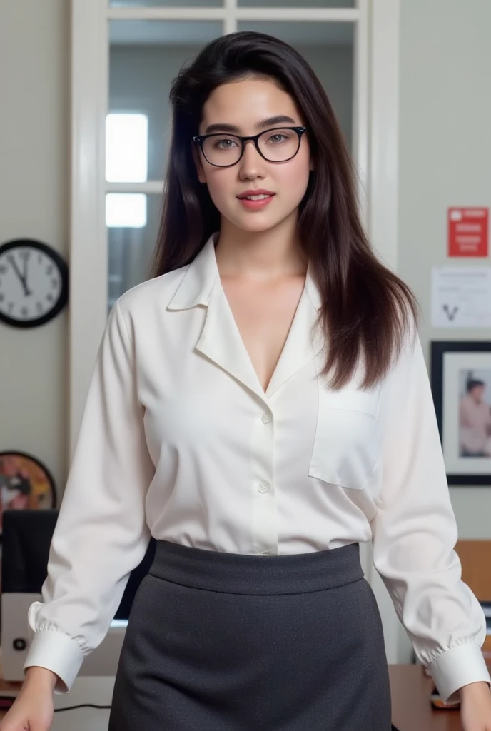 Secretary woman, best quality, ultra hd 8k, mesa, 22 old, beautiful woman、pretty face、great eyes, beautiful hair, black hair, Mulher de mente forte、camisa social branca、shirt with three open buttons, pequeno decote dos seios, cabelos castanhos、(Olhos castanhos)、hair tied up in bun, Olhos subdimensionados、Corpo inteiro, dark blue social small skirt 15cm, panties in yellow color under the skirt, legs gently open to viewer, smiling, sem meia, sapato preto, rectangular glasses, sitting facing the viewer on the table, leg gently spread and showing part of her white lace panties, holding a pencil