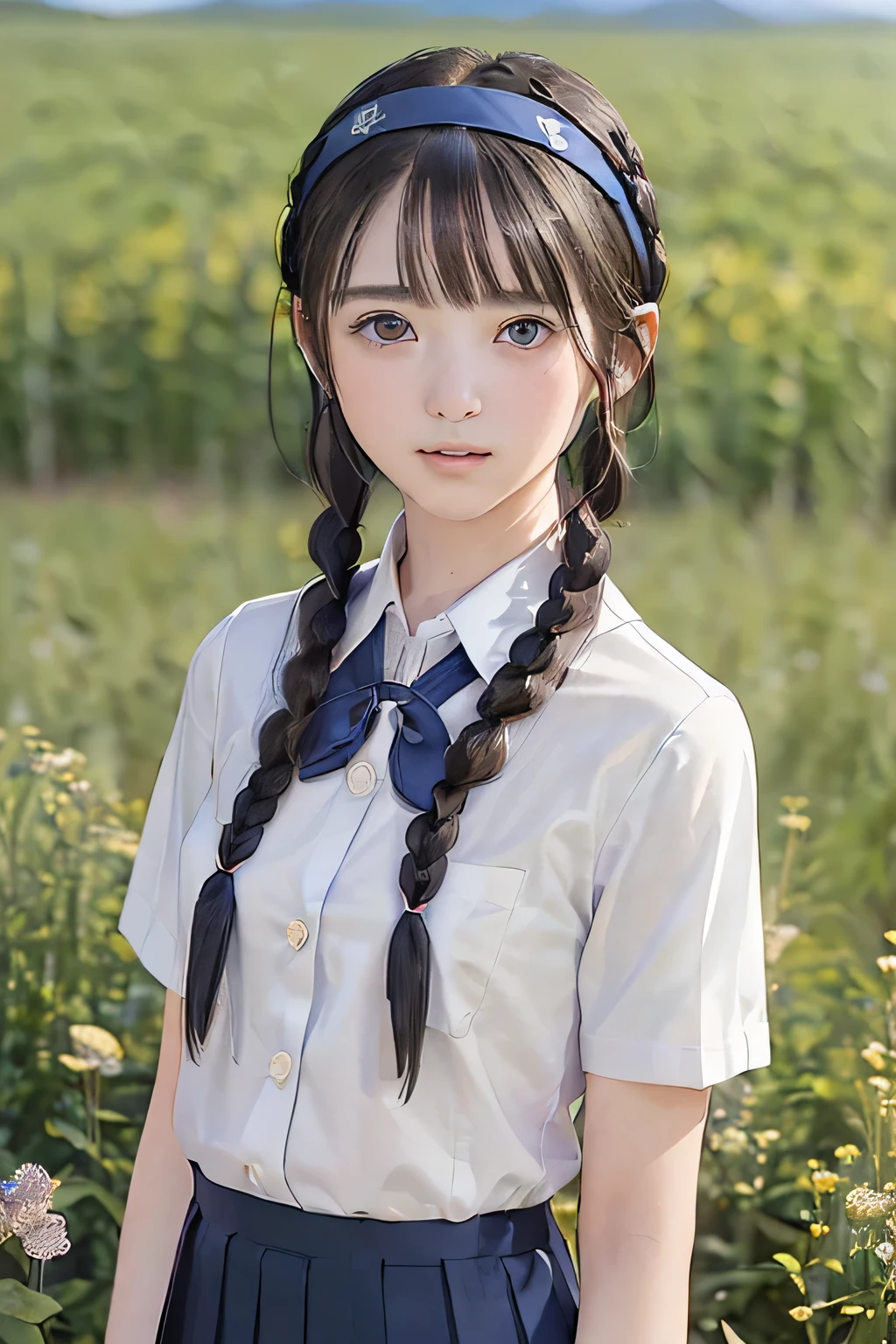 One Woman, alone, alone Focus, Cowboy Shot, Portraiture,Beaver,((Black Hair)), Braiding, Very beautiful eyes, work, White knit, (Small TI quality, Very detailed,uniform,Touched by many men