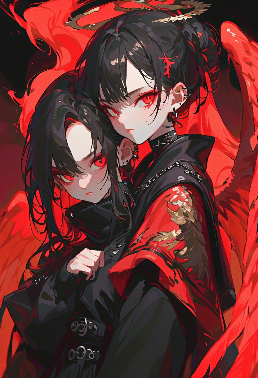 Anime red male human Lucifer with black horns black wings black claws surrounded by devil babies with wings and claws and black eyes