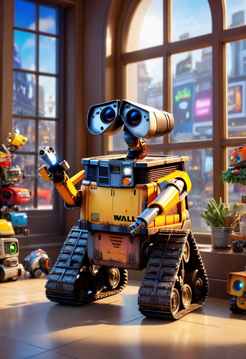 cartoon "WALL-E", Toy Store, Window Display, octane render, enhance, intricate, (best quality, masterpiece, Representative work, official art, Professional, 8k wallpaper:1.3)