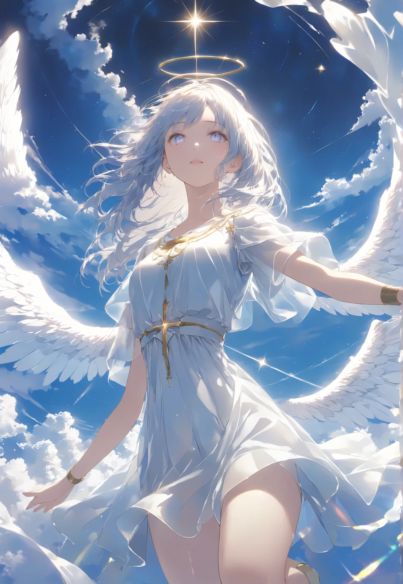  Masterpiece,  High Quality ,  high resolution, 16k, Illustration by Makoto Shinkai,  animation,  detailed background,  Hyperrealistic ,  digital paint, dark fantasy, Celestial View ,  Angel Girl ,   floating in the air  ,  Expanding Arms Like Christ,  Glittering Costume , shiny long hair、White Eyes,  long lashes,  clean skin,  Beautiful Legs,  Light Shining from Behind , Sacred Expressions, Temple of God, Aura of Light, cinematic angle