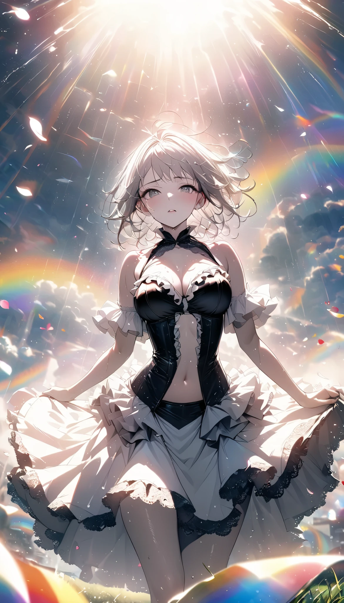 best quality , HD, 16k, unbelievably ridiculous , very detailed, delicate and dynamic , mysterious in another dimension, a huge artistic structure made of chrome plated frame and glass, after rain, sunlight shining through the clouds , Glass reflects the colors of the rainbow 、The analyzer appears, Many Rainbow-Colored Petals Falling , The grass is covered in fog , create amazing image effects, break ( monochrome , , sensual expression, Wear a flamenco uniform with lace and ruffles )