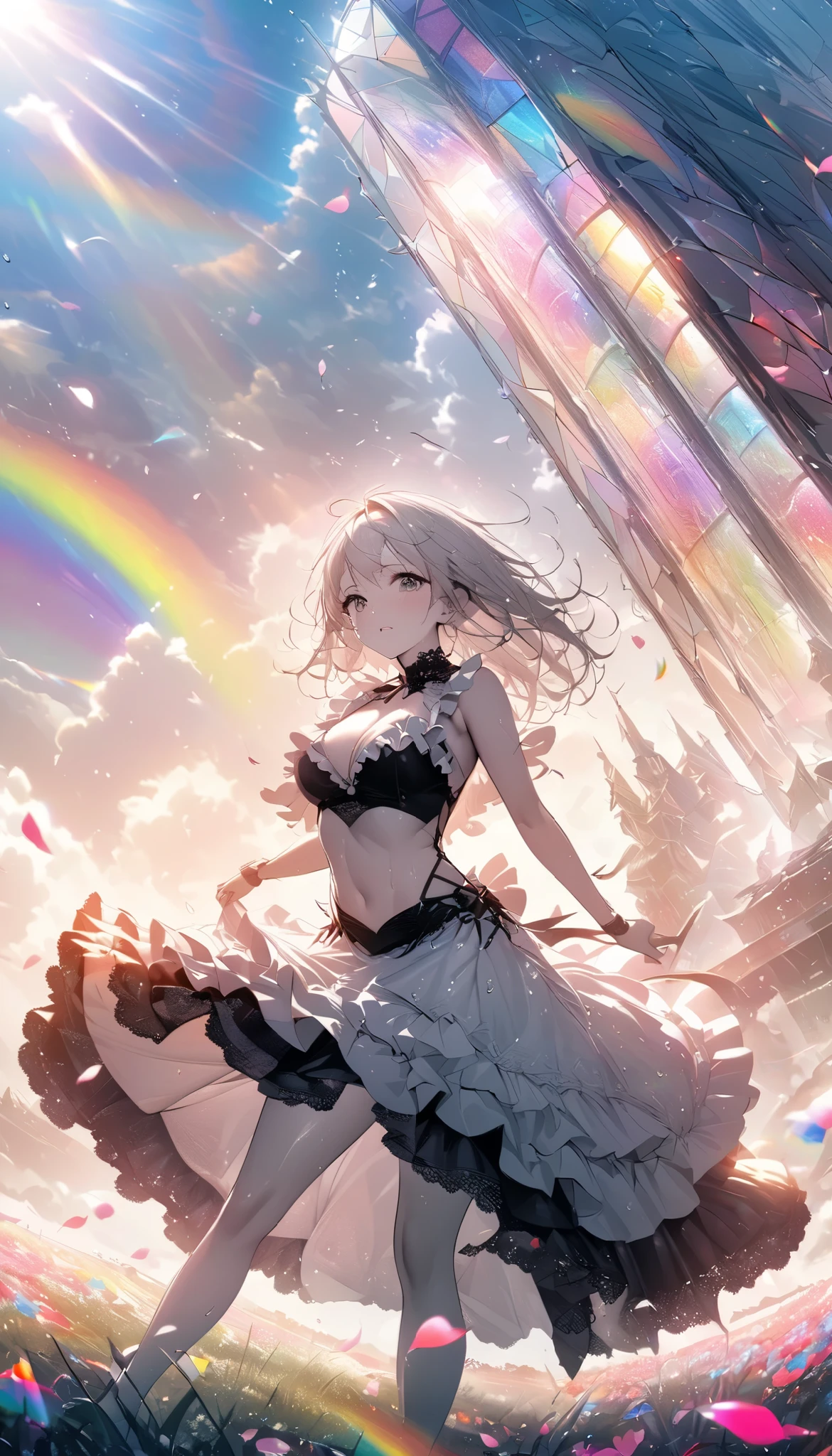 best quality , HD, 16k, unbelievably ridiculous , very detailed, delicate and dynamic , mysterious in another dimension, a huge artistic structure made of chrome plated frame and glass, after rain, sunlight shining through the clouds , Glass reflects the colors of the rainbow 、The analyzer appears, Many Rainbow-Colored Petals Falling , The grass is covered in fog , create amazing image effects, break ( monochrome , , sensual expression, Wear a flamenco uniform with lace and ruffles )
