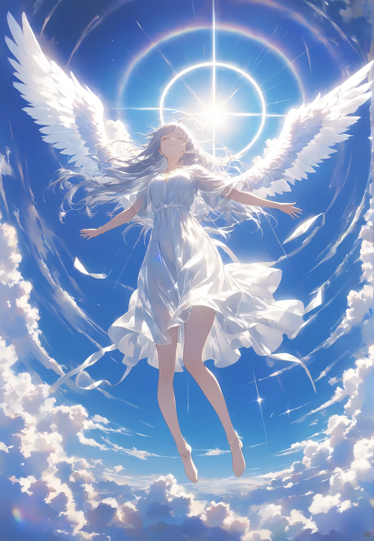 Masterpiece, High Quality , high resolution, 16k, Illustration by Makoto Shinkai, animation, detailed background, Hyperrealistic , digital paint, dark fantasy, Celestial View , Angel Girl , floating in the air , Expanding Arms Like Christ, Glittering Costume , shiny long hair、White Eyes, long lashes, clean skin, Beautiful Legs, Light Shining from Behind , Sacred Expressions, Temple of God, Aura of Light, cinematic angle