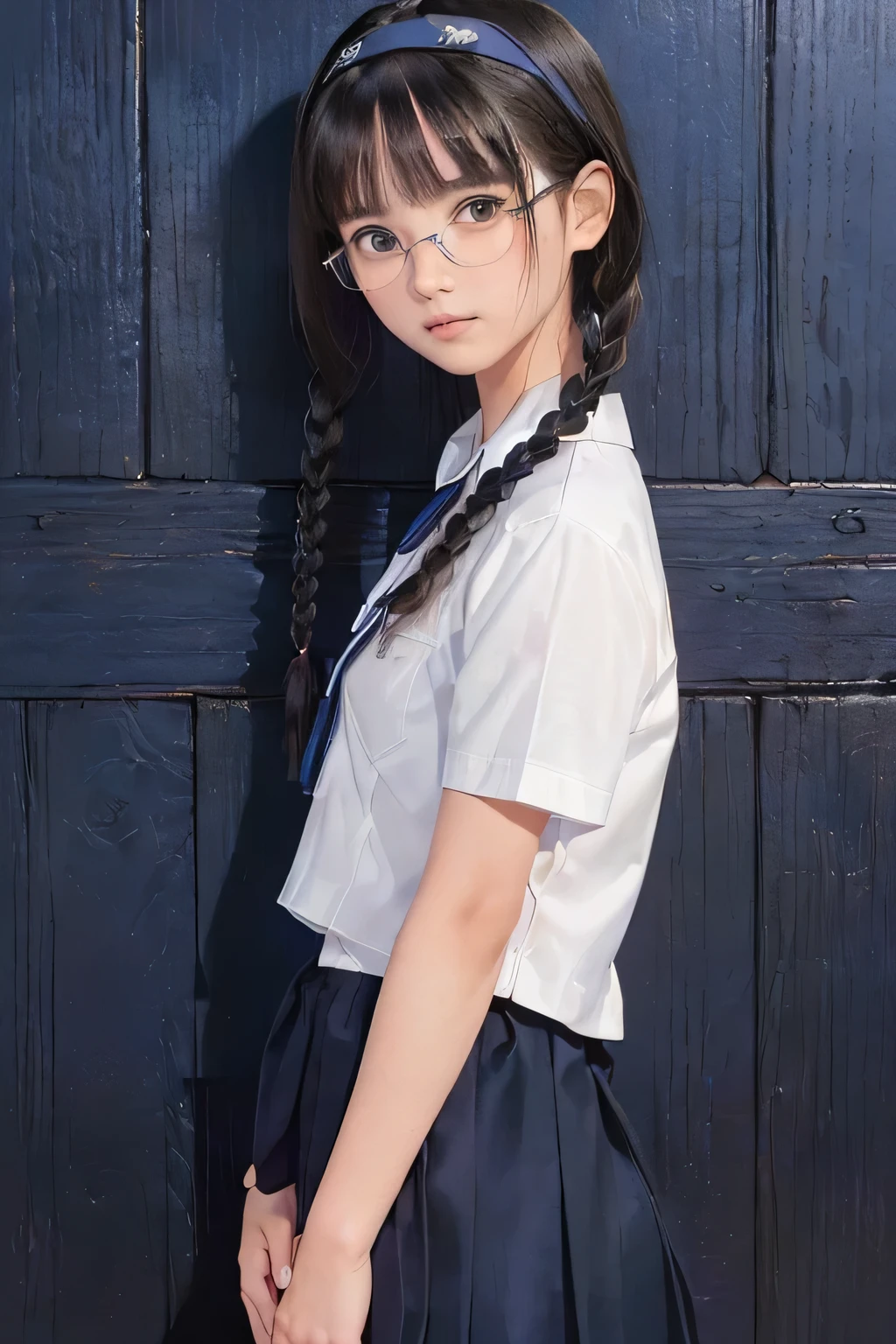 (masterpiece, Best Quality, 8K,Raw photo, High resolution:1.5), (1 girl, upper body, from side, looking at camera:1.6), (full-face blush, embarrassed, shyness:1.9), (highland flower fields, dark sunset view, plateau:1.8), (Candid, Sophisticated, Thin arms, Narrow waist, Slim body, Slender girl:1.7), (Bokeh:1.7), (cleavage, small breasts:1.5), Beauty, (glasses, school uniform with blue ribbon, short sleeve white shirt, navy Pleated miniskirt, white plain headband:1.9), (black hair, short two braids hair, black eyes:1.8), (forehead:1.2), japanese