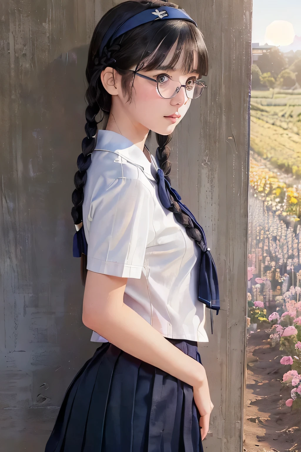 (masterpiece, Best Quality, 8K,Raw photo, High resolution:1.5), (1 girl, upper body, from side, looking at camera:1.6), (full-face blush, embarrassed, shyness:1.9), (highland flower fields, dark sunset view, plateau:1.8), (Candid, Sophisticated, Thin arms, Narrow waist, Slim body, Slender girl:1.7), (Bokeh:1.7), (cleavage, small breasts:1.5), Beauty, (glasses, school uniform with blue ribbon, short sleeve white shirt, navy Pleated miniskirt, white plain headband:1.9), (black hair, short two braids hair, black eyes:1.8), (forehead:1.2), japanese