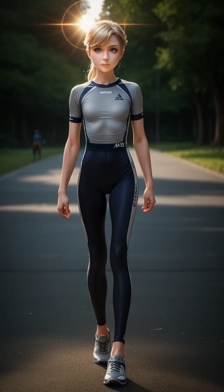 ultrarealistic high quality fullbody photo of a beautiful busty athletic european 18-year-old teen girl with cute hyperdetailed shy happy face and shoulder length platin-blonde classic bob and long legs, realistic round eyes, red lipgloss, decent makeup with eyeliner, wearing shiny grey spandex longsleeve and metallic blue spandex leggins, hourglass body, outdoor photography, sunny day