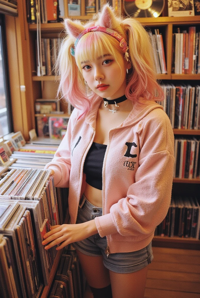 mococo abyssgard, animal ear fluff, animal ears, blonde hair, bandaid, bandaid hair ornament, blue eyes, dog ears, dog girl, dog tail, double-parted bangs, pink hairband, fake horns, fangs, hair between eyes, hairband, hairclip, horns, short hair, , multicolored hair, pink hair, streaked hair, crossed bangs, x hair ornament, black collar, black jacket, pink belt, brown kneehighs, collar, fur-trimmed jacket, fur trim, jacket, long sleeves, spiked collar, spikes, headphones, headphone around neck, crop top, cropped jacket, cropped shirt, navel, stomach, midriff, shorts, white shorts,, music store, browsing records, headphones, vinyl collection, nostalgic, smile, , smile, solo,, cowboy shot, dutch angle