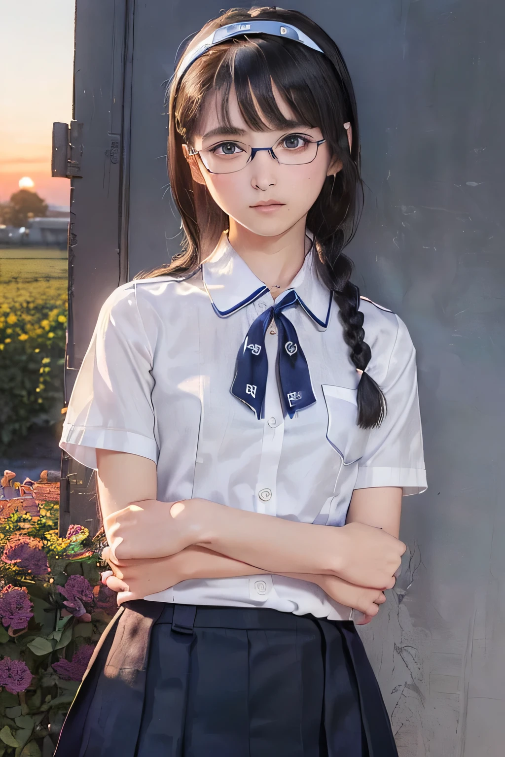 (masterpiece, Best Quality, 8K,Raw photo, High resolution:1.5), (1 girl, upper body, looking at camera:1.6), (full-face blush, embarrassed, shyness:1.9), (highland flower fields, dark sunset view, plateau:1.8), (Candid, Sophisticated, Thin arms, Narrow waist, Slim body, Slender girl:1.7), (Bokeh:1.7), (cleavage, small breasts:1.5), Beauty, (glasses, school uniform with blue ribbon, short sleeve white shirt, navy Pleated miniskirt, white plain headband:1.9), (black hair, short two braids hair, black eyes:1.8), (forehead:1.2), japanese