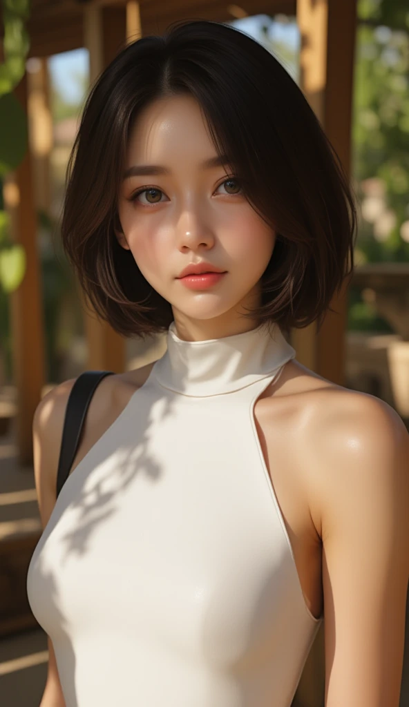 Beautiful woman with detailed body, small breasts, upper body, brown bob hair, perm, casual, high neck, sleeveless, (wet hair)