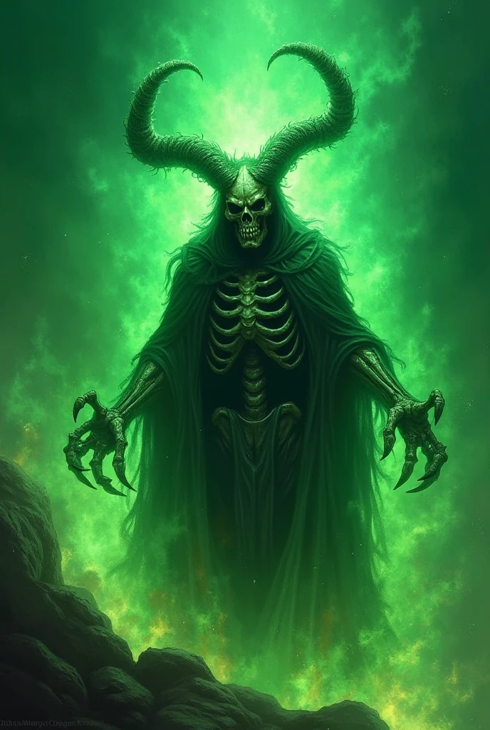 create the god of death, a skeletal creature with a black and gold cloak along with green flames around it, he only has 1 goat horn and a wide, scary smile, His eyes are sunken and he holds a magic wand in his hands. he is in the black background