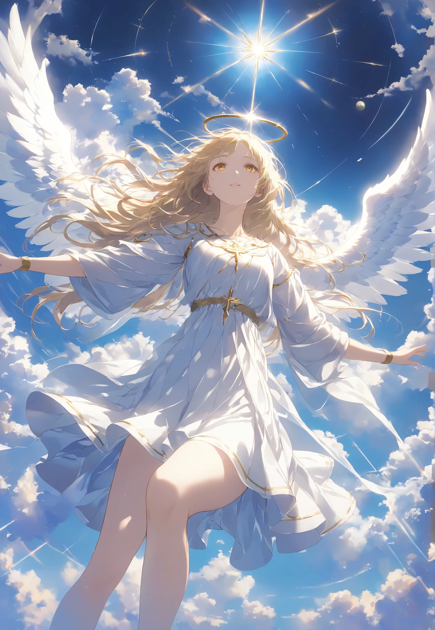 Masterpiece, High Quality , high resolution, 16k, Illustration by Makoto Shinkai, animation, detailed background, Hyperrealistic , digital paint, dark fantasy, Celestial View , Angel Girl , floating in the air , Expanding Arms Like Christ, Glittering Costume , shiny long hair、White Eyes, Golden Eyes 、 long lashes, clean skin, Beautiful Legs, Light Shining from Behind , Sacred Expressions, Temple of God, Aura of Light, cinematic angle