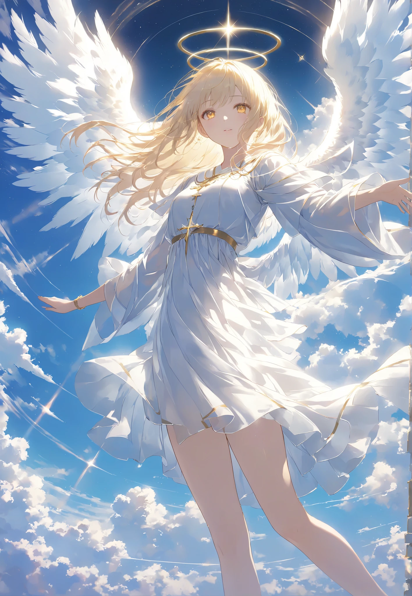  Masterpiece,  High Quality ,  high resolution, 16k, Illustration by Makoto Shinkai,  animation,  detailed background,  Hyperrealistic ,  digital paint, dark fantasy, Celestial View ,  Angel Girl ,   floating in the air  ,  Expanding Arms Like Christ,  Glittering Costume , shiny long hair、White Eyes,  Golden Eyes 、 long lashes,  clean skin,  Beautiful Legs,  Light Shining from Behind , Sacred Expressions, Temple of God, Aura of Light, cinematic angle