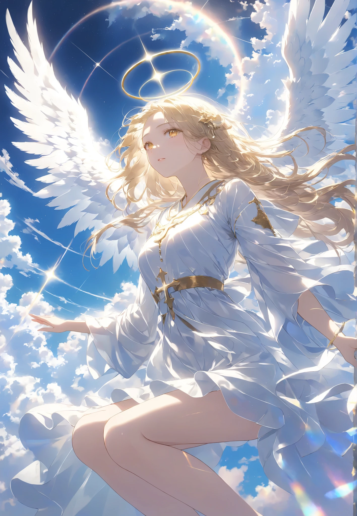  Masterpiece,  High Quality ,  high resolution, 16k, Illustration by Makoto Shinkai,  animation,  detailed background,  Hyperrealistic ,  digital paint, dark fantasy, Celestial View ,  Angel Girl ,   floating in the air  ,  Expanding Arms Like Christ,  Glittering Costume , shiny long hair、White Eyes,  Golden Eyes 、 long lashes,  clean skin,  Beautiful Legs,  Light Shining from Behind , Sacred Expressions, Temple of God, Aura of Light,  from a slightly higher angle 、 cinematic lighting